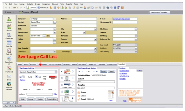 Integrated Email Marketing Snapshot For Act Help Swiftpage Options On Gives You Access To Regarding Call List Scrolling The Dialog Is Shown Below For More Information See Our Lookup